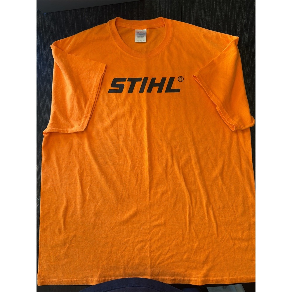 STIHL T-Shirt Mens XL Orange Logo Keep Back Tools In Use Graphic Tee Gildan